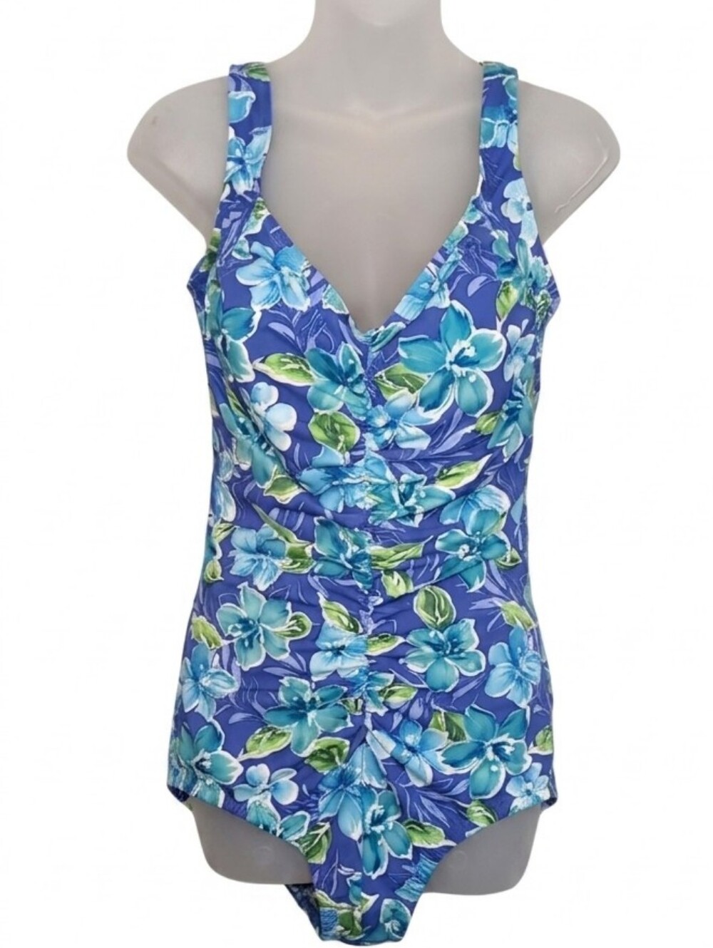 Seaside Resort Wear Vintage 90s One Piece Swimsuit Floral Blue Plus Size 18